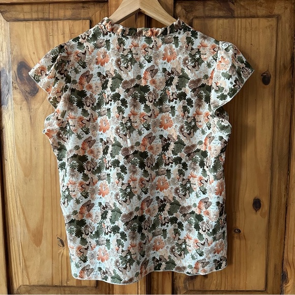 Ruffled Cap Sleeve Split V Neck Floral Top Blouse Beige Green Orange - L - Picture 7 of 9
